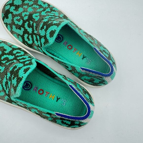 Rothy’s Aqua Cheetah Animal Print Slip-On Sneakers Kid’s Size 10 - Picture 6 of 9